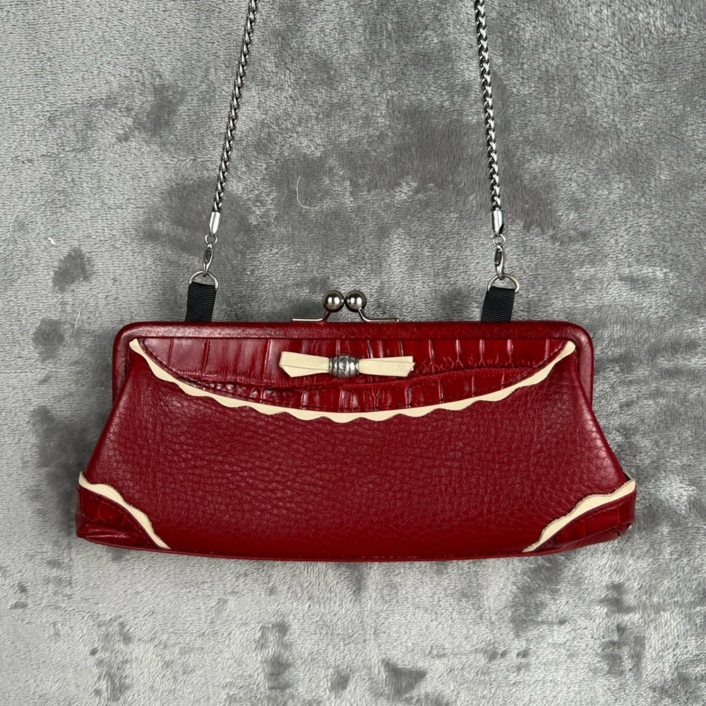 Brighton Convertible Clutch Crossbody Red Leather Croc Embossed Kiss Lock Bow